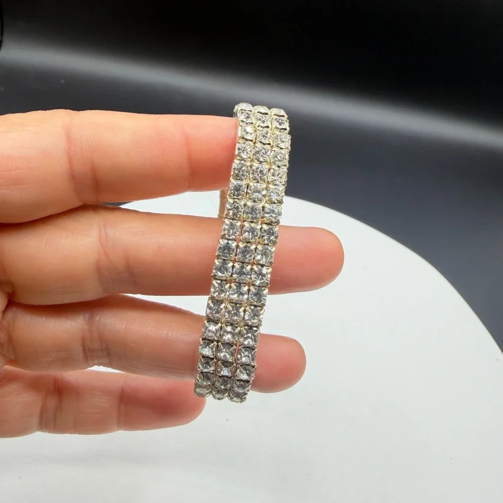 3 Row Clear Rhinestone Stretch Bracelet Silver Tone Sparkle Statement Jewelry